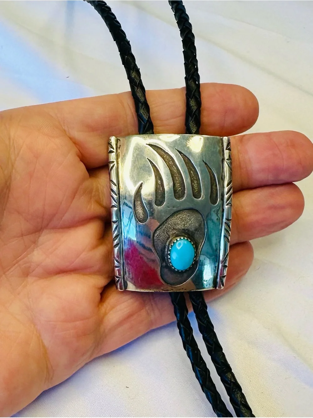 Sterling Silver Zuni Bear Paw Shadowbox Bolo Tie